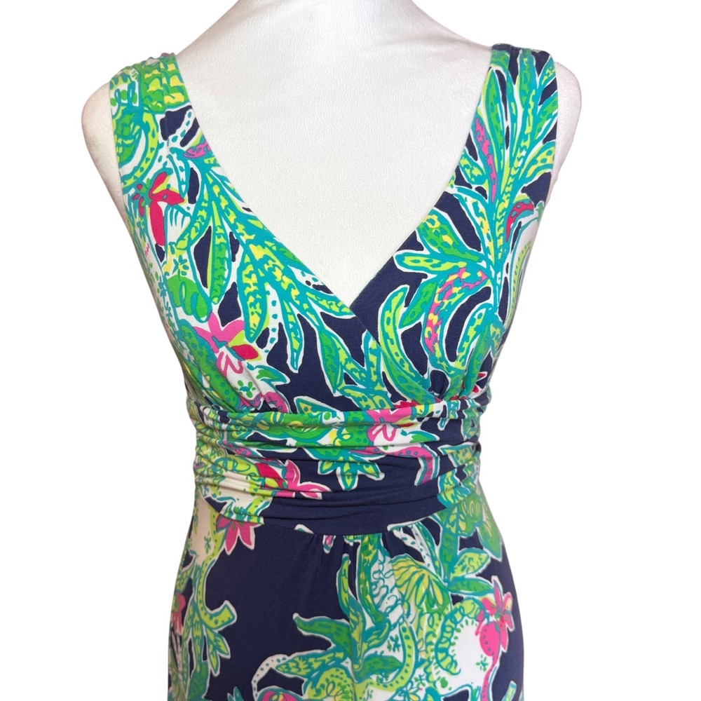 Lilly Pulitzer XS Sloan Navy Blue Green Pink Tropical Floral V-Neck Maxi Dress